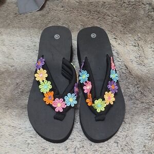 Floral Embellished Black Sandals